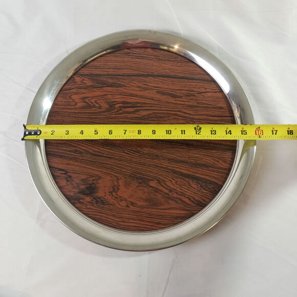 Vintage MCM Stieff Pewter Round Serving Tray Formica Woodgrain Barware 16" - Picture 6 of 6